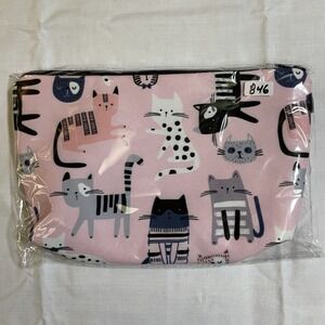 The Pouch Cosmetic Bag Women Small Pink NWT Cat Print Zipper Travel Pouch 8x5